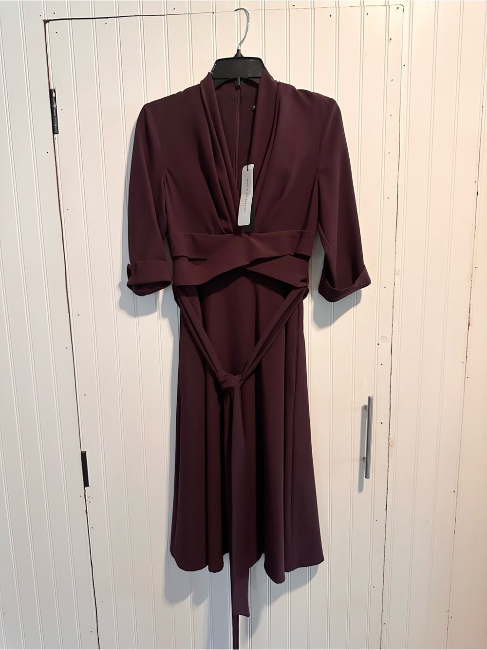 Black Halo Deep Plum Wrap Midi Dress with Tie Waist